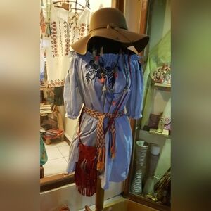 Off the Shoulder Blue Stripe Tunic dress